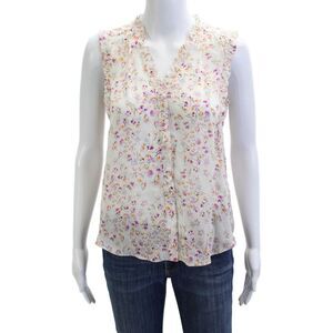 Go Silk Women White 100% Silk Floral V-Neck Sleeveless Blouse Size XS